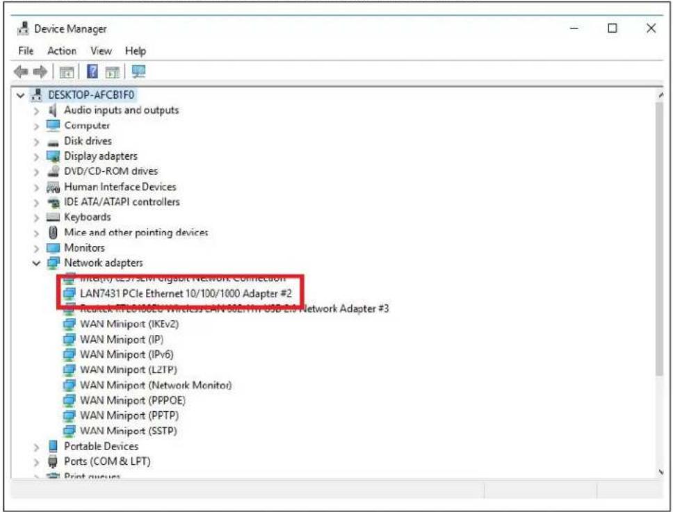 Device Manager File Action View Help DESKTOP-AFCB1F0 Audio inputs and outputs Computer Disk drives Display adapters DVD/CD-ROM drives Human Interface Devices IDE ATA/ATAPI controllers Keyboards Mice and other pointing devices Monitors Network adapters Integrity E257 SEM Gigabit NETWORK Connection LAN7431 PCIe Ethernet 10/100/1000 Adapter #2 Recheck IFE610629 Wireless LAN 80E1TM USB E2 Network Adapter #3 WAN Miniport (IKEv2) WAN Miniport (IP) WAN Miniport (IPv6) WAN Miniport (LZTP) WAN Miniport (Network Monitor) WAN Miniport (PPPOE) WAN Miniport (PPTP) WAN Miniport (SSTP) Portable Devices Ports (COM & LFT) Print updates
