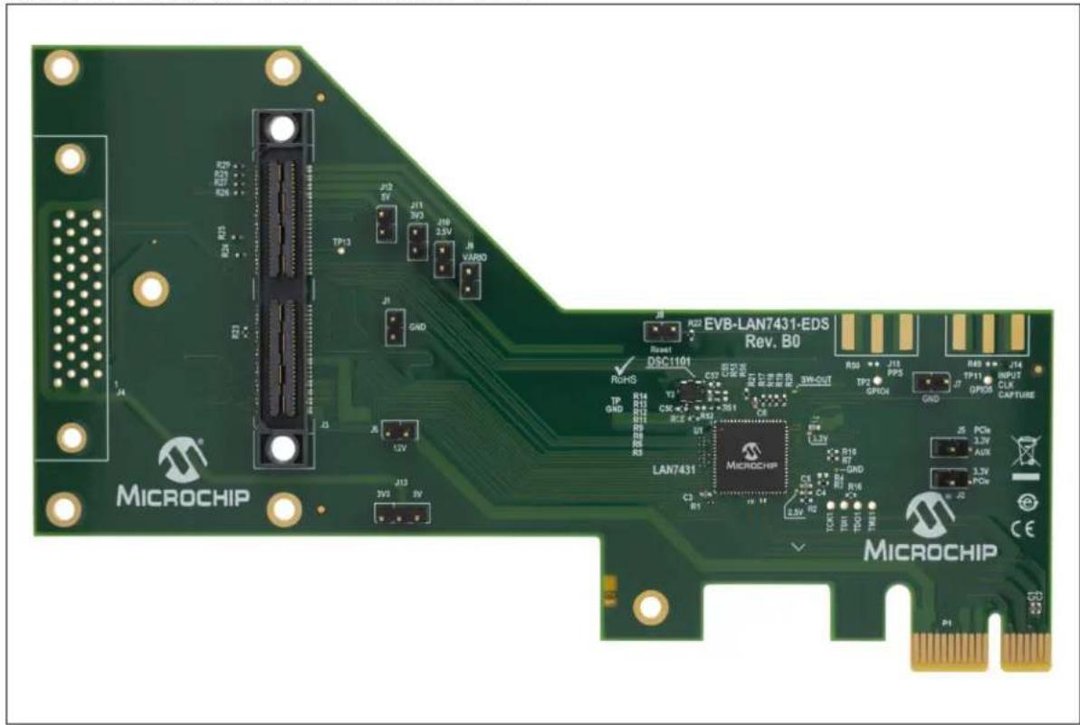EVB-LAN7431-EDS Rev. B0 Reset DSC1101 RoHS TP GND V2 CRC R14 R13 R12 R11 R9 R8 R7 R6 R5 LAN7431 Microchip Microchip MICROCHIP P1 J22 J11 J10 J9 VARIO R50 J23 PPS TP11 J14 INPUT CLK CAPTURE R48 J17 TP11 J16 QPO8 25 PCm 3.2V AUX 3.3V PCoR J2