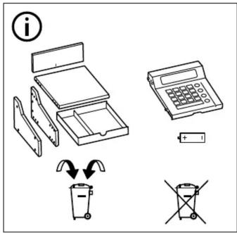 Diagram illustrating the decomposition of a device into battery, recycling bin, and disassembly with icons for information and symbols.