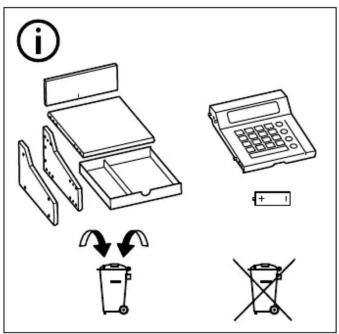 Diagram illustrating the decomposition of a device into battery, recycling bin, and discharge bin with icons for information and polarity.