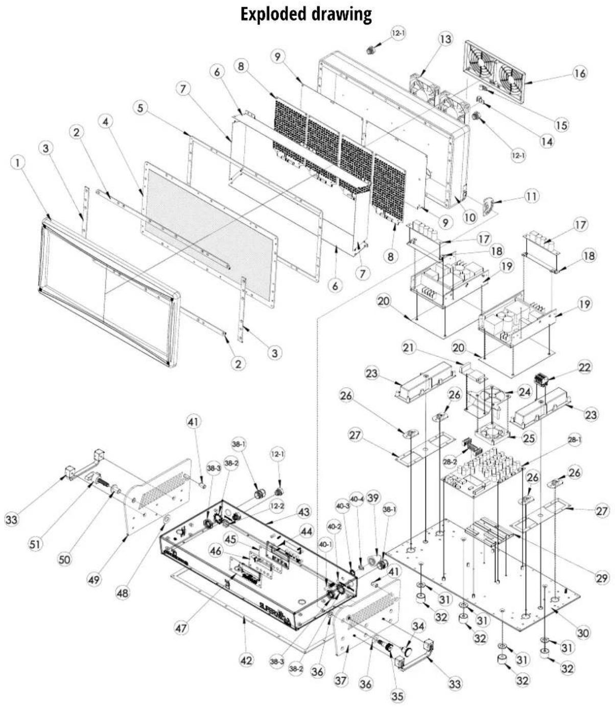 Exploded drawing 12-1 13 16 15 14 12-1 9 10 11 17 18 19 20 21 20 22 23 26 24 23 25 28-1 26 27 26 27 29 30 31 31 32 32 33 34 35 36 37 36 37 38-3 38-2 38-1 40-4 40-3 40-2 40-1 41 42 43 44 45 46 47 48 49 50 51 41 38-3 38-2 38-1 12-1 12-2 12-1