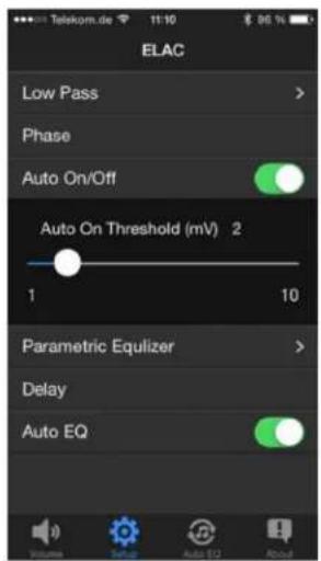 ELAC Low Pass > Phase Auto On/Off Auto On Threshold (mV) 2 1 10 Parametric Equilizer > Delay Auto EQ Volume Setup Auto EQ About