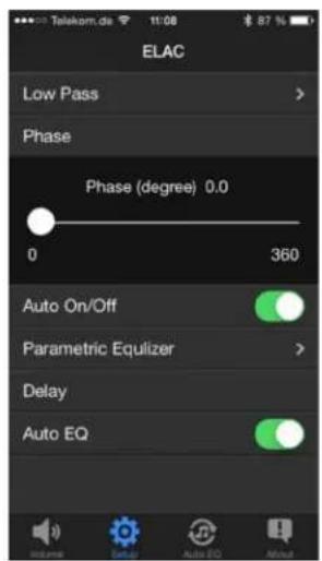 ELAC Low Pass > Phase Phase (degree) 0.0 0 360 Auto On/Off Parametric Equilizer > Delay Auto EQ