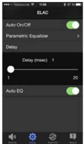 ELAC Auto On/Off Parametric Equalizer Delay Delay (msec) 1 1 20 Auto EQ