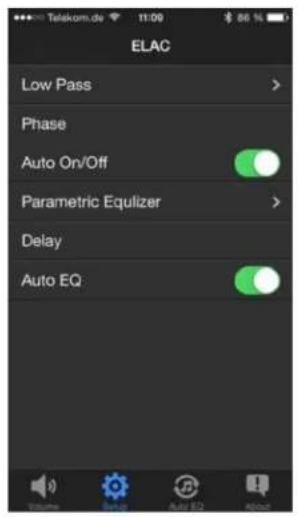 ELAC Low Pass > Phase Auto On/Off > Parametric Equizer > Delay Auto EQ >