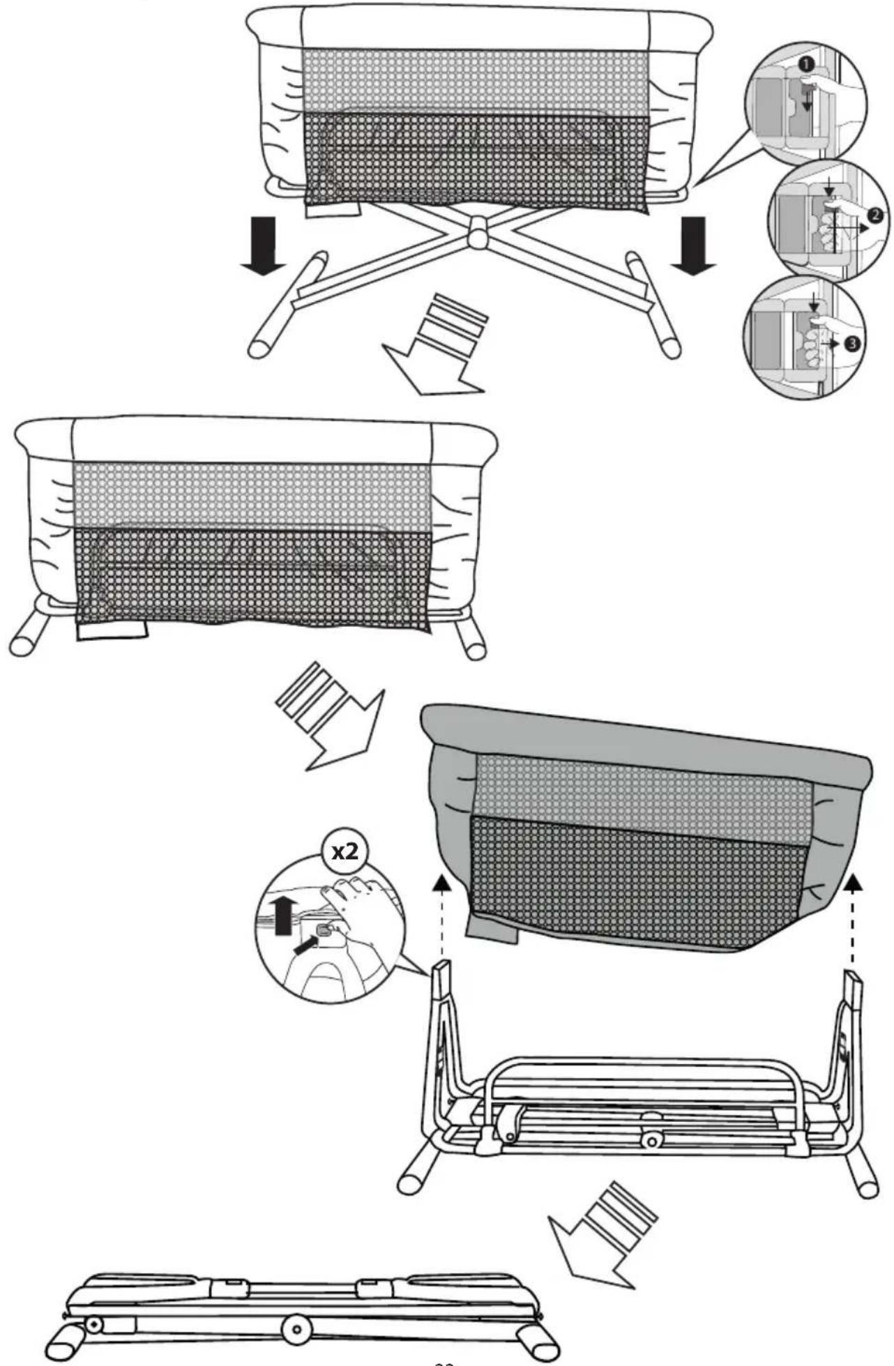 Technical diagram illustrating the step-by-step installation of a pool bed frame using a mesh material, with labeled steps and component illustrations.