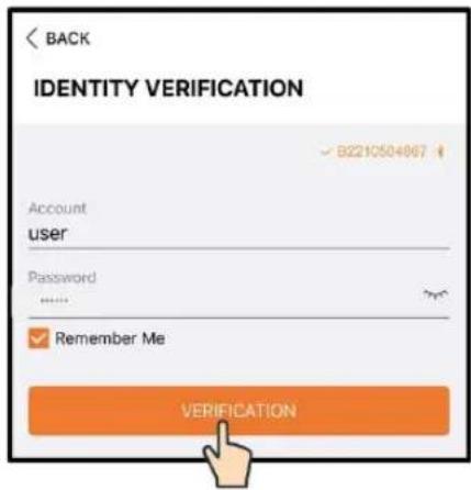 BACK IDENTITY VERIFICATION Account user Password ****** ✓ Remember Me VERIFICATION