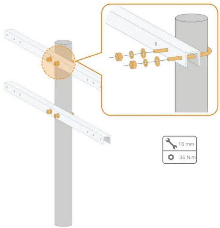 Technical diagram showing assembly of a vertical pole with metal fasteners and a magnified detail of a mechanical component with 16 mm diameter and 35 N·m thickness.