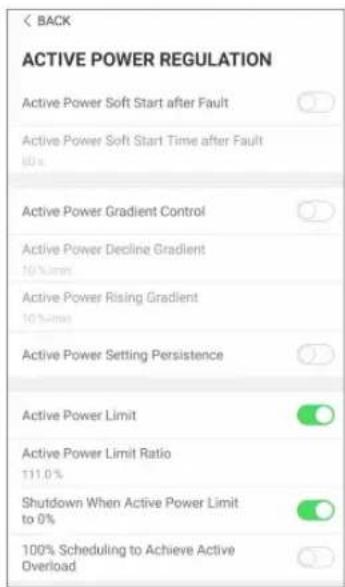 BACK ACTIVE POWER REGULATION Active Power Soft Start after Fault Active Power Soft Start Time after Fault (0x) Active Power Gradient Control Active Power Decline Gradient 10% (mm) Active Power Rising Gradient 10% (mm) Active Power Setting Persistence Active Power Limit Active Power Limit Ratio 111.0% Shutdown When Active Power Limit to 0% 100% Scheduling to Achieve Active Overload