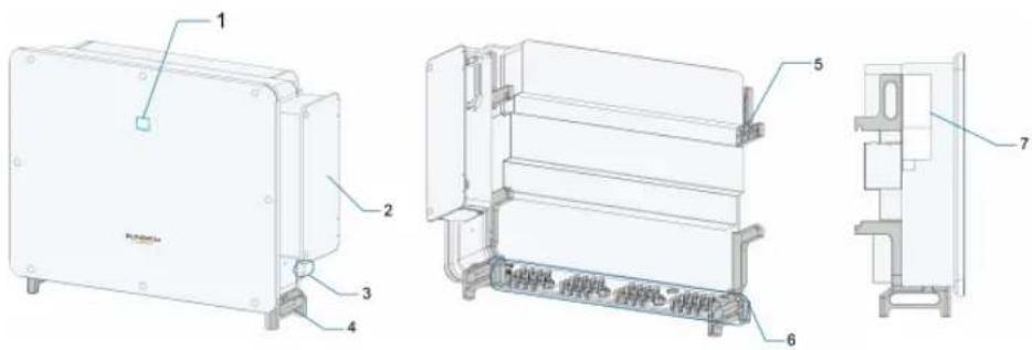 Technical diagram of an electronic device with labeled components, showing front, side, and top views.