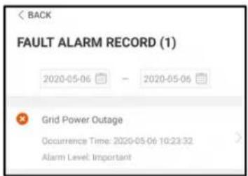 BACK FAULT ALARM RECORD (1) 2020-05-06 - 2020-05-06 Grid Power Outage Occurrence Time: 2020-05-06 10:23:32 Alarm Level: Important