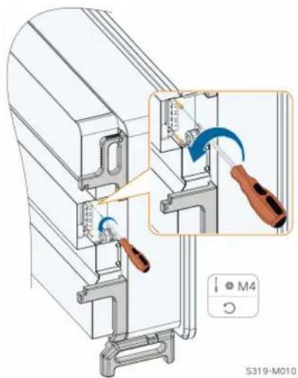 Technical diagram showing a mechanical assembly with labeled parts and a magnified view of a screwdriver tool interacting with a component.