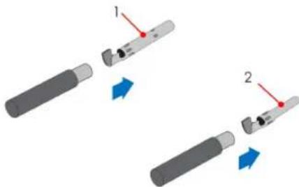 Diagram showing two mechanical components with red arrows indicating motion or assembly, labeled 1 and 2.