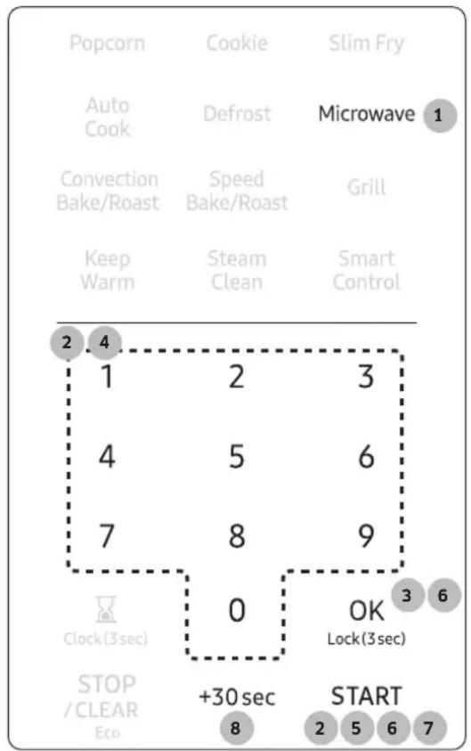 Popcorn Cookie Slim Fry Auto Cook Defrost Microwave 1 Convection Bake/Roast Speed Bake/Roast Grill Keep Warm Steam Clean Smart Control 2 4 1 2 3 4 5 6 7 8 9 Clock(3sec) 0 OK 3 6 Clock(3sec) Lock(3sec) STOP / CLEAR Eco +30 sec START 2 5 6 7 8