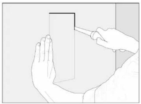 Line drawing of a person holding a rectangular object with a tool, no text or symbols present