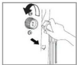 Diagram showing hand operating a doorbell with labeled buttons and directional arrows indicating motion
