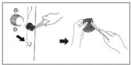 Diagram illustrating a hand holding a small object with arrows indicating movement, alongside a close-up of the object's tip and handle.