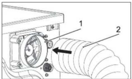 Technical diagram of a mechanical device with labeled parts 1 and 2, showing internal components and directional arrows.