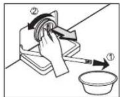 Diagram illustrating a hand using a tool to lift a bowl, labeled with arrows and numbered parts.