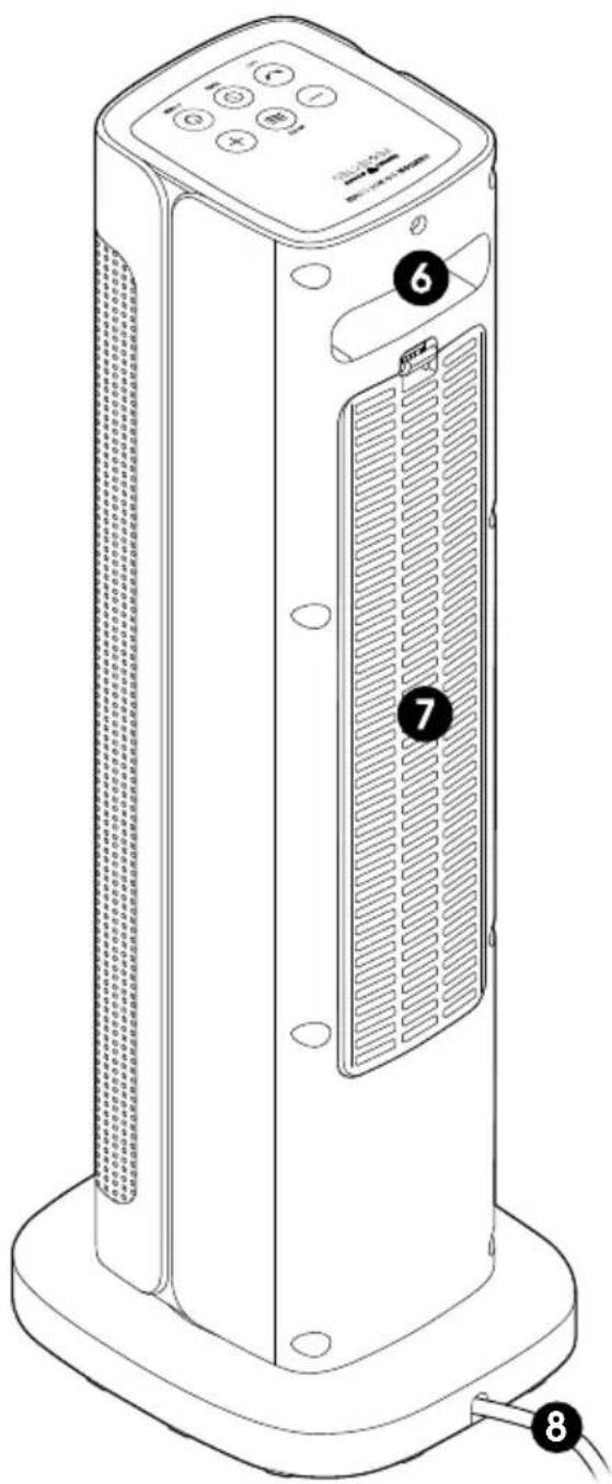 Technical line drawing of a portable electric heater with labeled components and numbered parts