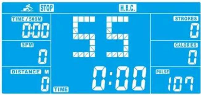 STOP H.R.C. TIME / 500M 0:00 55 STROKES 0 SPM 0 CALORIES 0 DISTANCE M 0 0:00 PULSE 107 TIME