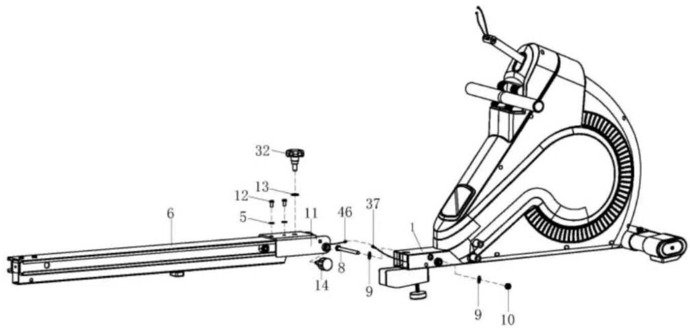 Technical diagram of a stationary exercise machine with numbered components for identification
