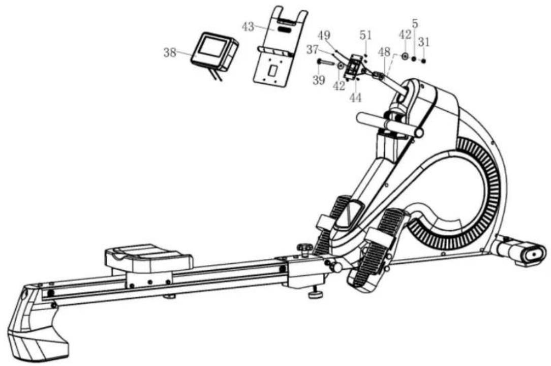 Technical diagram of a stationary exercise machine with numbered components and labeled parts
