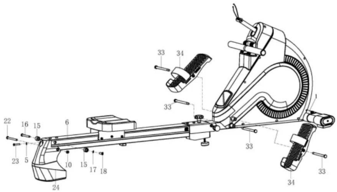 Technical diagram of a stationary exercise machine with numbered components for identification