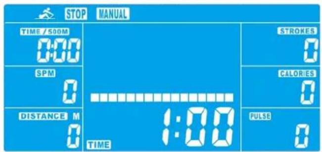 STOP MANUAL TIME /500M 0:00 SPM 0 DISTANCE M 0 STROKES 0 CALORIES 0 PULSE 0 1:00 TIME