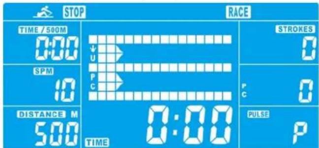 STOP RACE TIME / 500M 0:00 SPM 10 DISTANCE M 500 TIME 0:00 STROKES 0 P C PULSE P