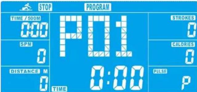 STOP PROGRAM TIME / 500M 0:00 SPM 0 DISTANCE M 0 P01 TIME 0:00 STROKES 0 CALORIES 0 PULSE P