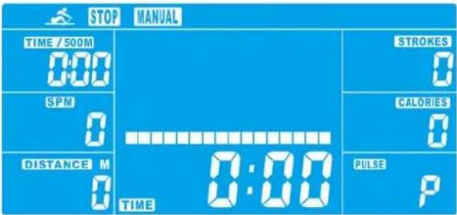 STOP MANUAL TIME / SOOM 0:00 SPM 0 DISTANCE M 0 STROKES 0 CALORIES 0 PULSE P TIME