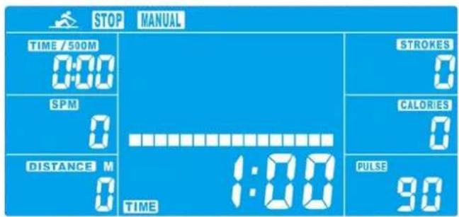 STOP MANUAL TIME / 500M 0:00 SPM 0 DISTANCE M 0 STROKES 0 CALORIES 0 PULSE 90 1:00 TIME