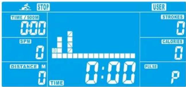 STOP USER TIME / 500M 0:00 SPM 0 DISTANCE M 0 STROKES 0 CALORIES 0 PULSE P TIME