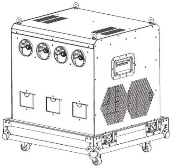 Technical line drawing of a mechanical device with control panel and wheels (no text or symbols)