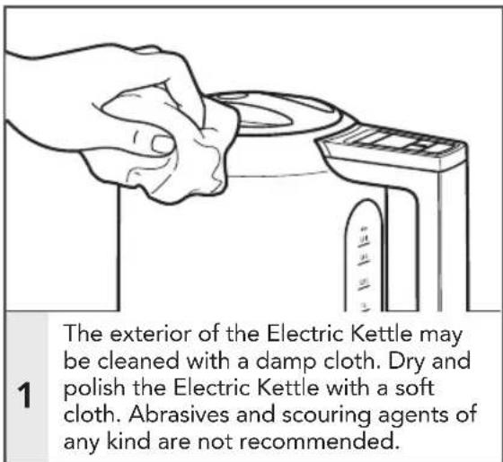 The exterior of the Electric Kettle may be cleaned with a damp cloth. Dry and polish the Electric Kettle with a soft cloth. Abrasives and scouring agents of any kind are not recommended.