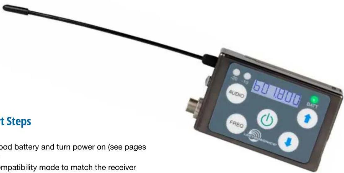 20 -10 AUDIO 60 1800 BATT FREQ MATERIALS at Steps ood battery and turn power on (see pages compatibility mode to match the receiver (2)
