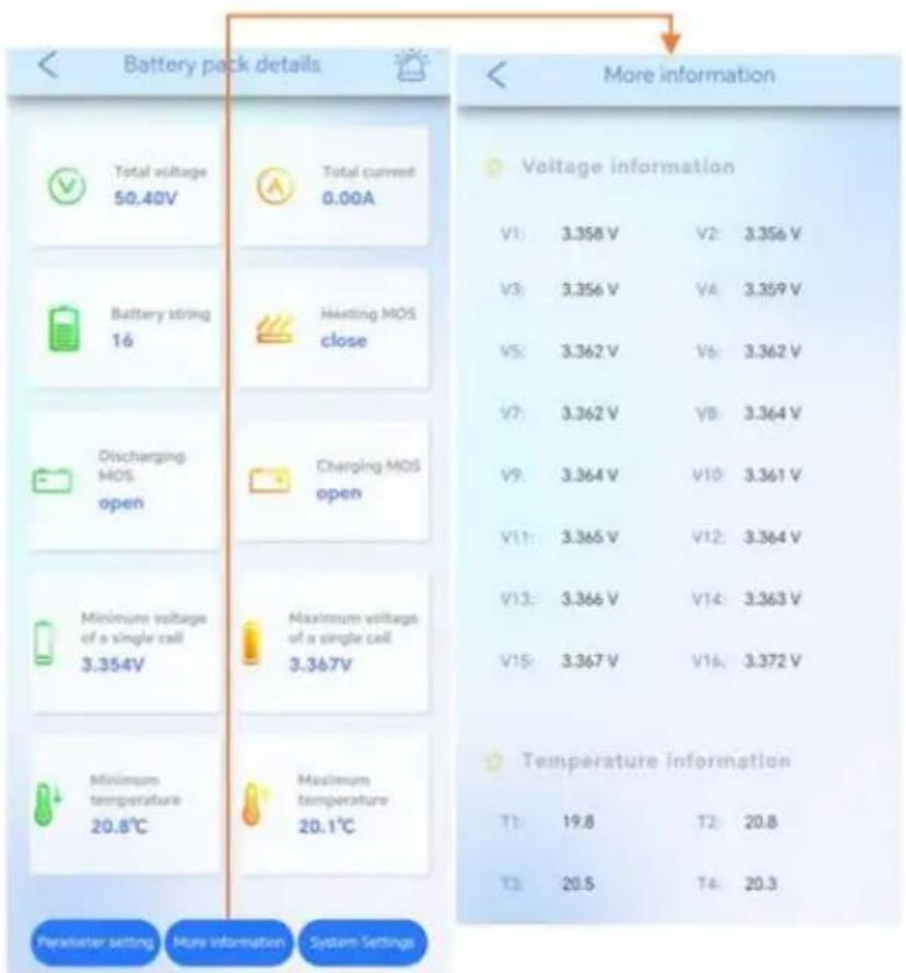 Battery pack details Total voltage 50.40V Battery string 16 Discharging MOS open Minimum voltage of a single cell 3.354V Minimum temperature 20.8℃ Total current 0.00A Heating MOS close Charging MOS open Maximum voltage of a single cell 3.367V Maximum temperature 20.1℃ More information Voltage information V1: 3.358 V V2: 3.356 V V3: 3.356 V V4: 3.359 V V5: 3.362 V V6: 3.362 V V7: 3.362 V Y8: 3.364 V V9: 3.364 V V10: 3.361 V V11: 3.365 V V12: 3.364 V V13: 3.366 V V14: 3.363 V V15: 3.367 V V16: 3.372 V Temperature information T1: 19.8 T2: 20.8 T3: 20.5 T4: 20.3