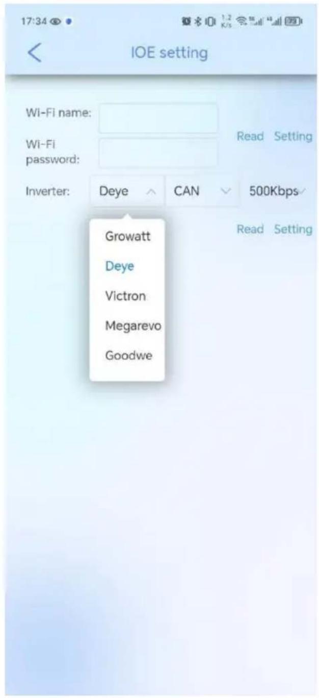 17:34 IOE setting Wi-Fi name: Wi-Fi password: Inverter: Deye CAN 500Kbps Growatt Deye Victron Megarevo Goodwe