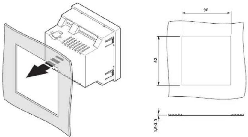 Technical diagram showing a device's internal structure with labeled dimensions and an arrow indicating a component.
