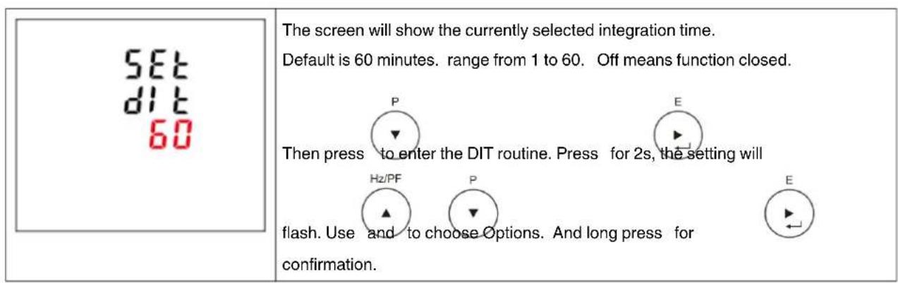 SET dIT 60 The screen will show the currently selected integration time. Default is 60 minutes. range from 1 to 60. Off means function closed. Then press to enter the DIT routine. Press for 2s, the setting will flash. Use and to choose Options. And long press for confirmation.