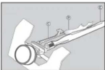 Technical diagram of a mechanical assembly with labeled parts A, B, and C