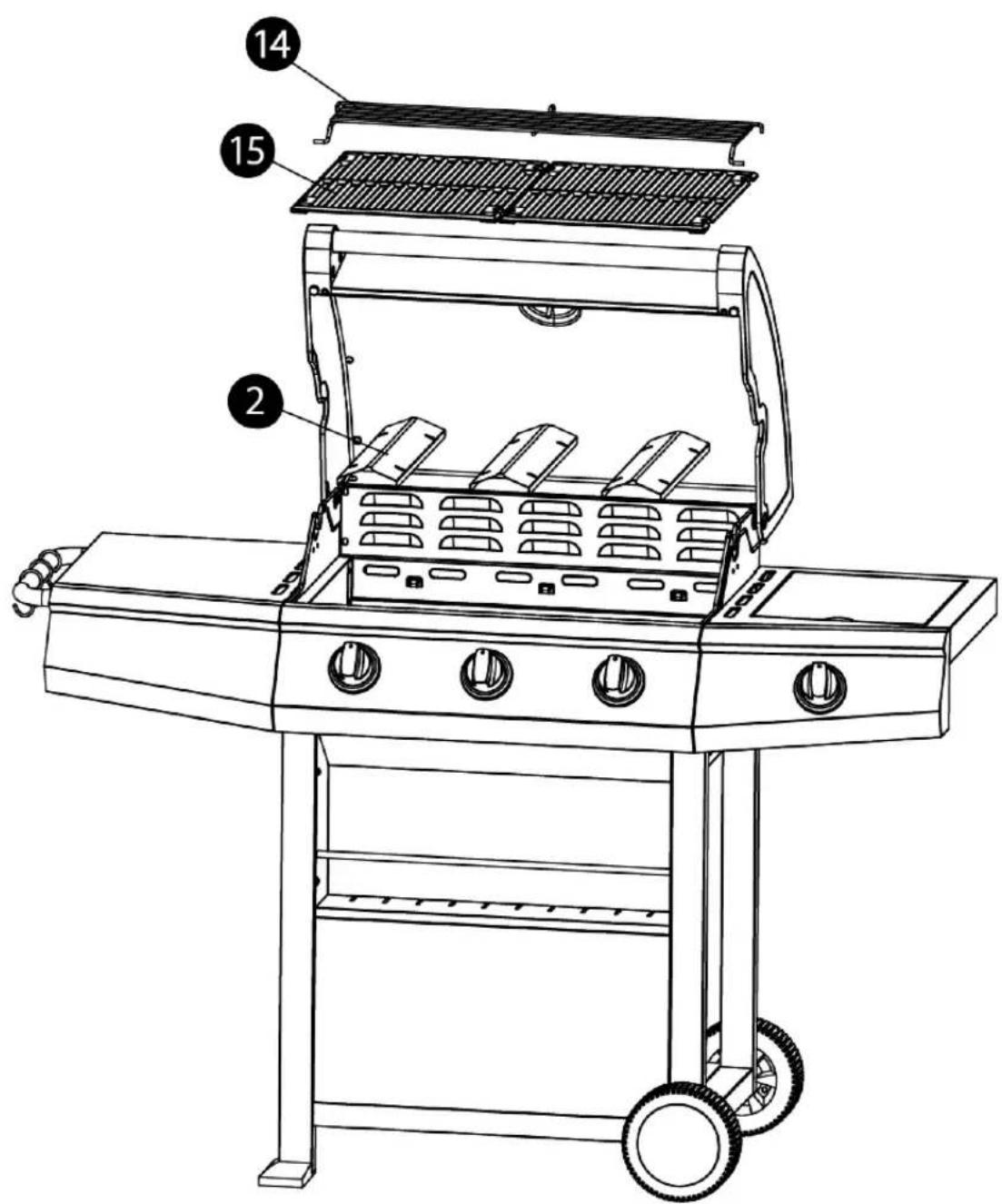 Technical diagram of a grill with numbered parts for identification