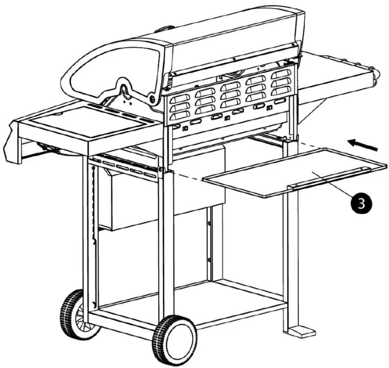 Technical line drawing of a portable electric grill with wheels and panel, showing internal components and mounting base (no text or symbols)