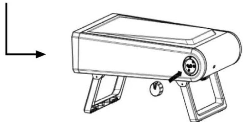 Technical line drawing of a portable electronic device with a control knob and base mount (no text or symbols)