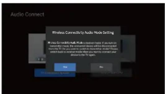 Audio Connect Wireless Connectivity Audio Mode Setting Wireless Connectivity Audio Mode is connected mode. If short as on transmitter mode, the connected device will be disconnected then the Tx. Do you want to switch to wireless mode. Please switch back to wireless mode when you want to connect your device to the Tx again. Yes No Tx Connection: 12 mm 100% (95%) OK Cancel