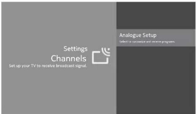 Settings Channels Set up your TV to receive broadcast signal. Analogue Setup Select in customer and receive programs.