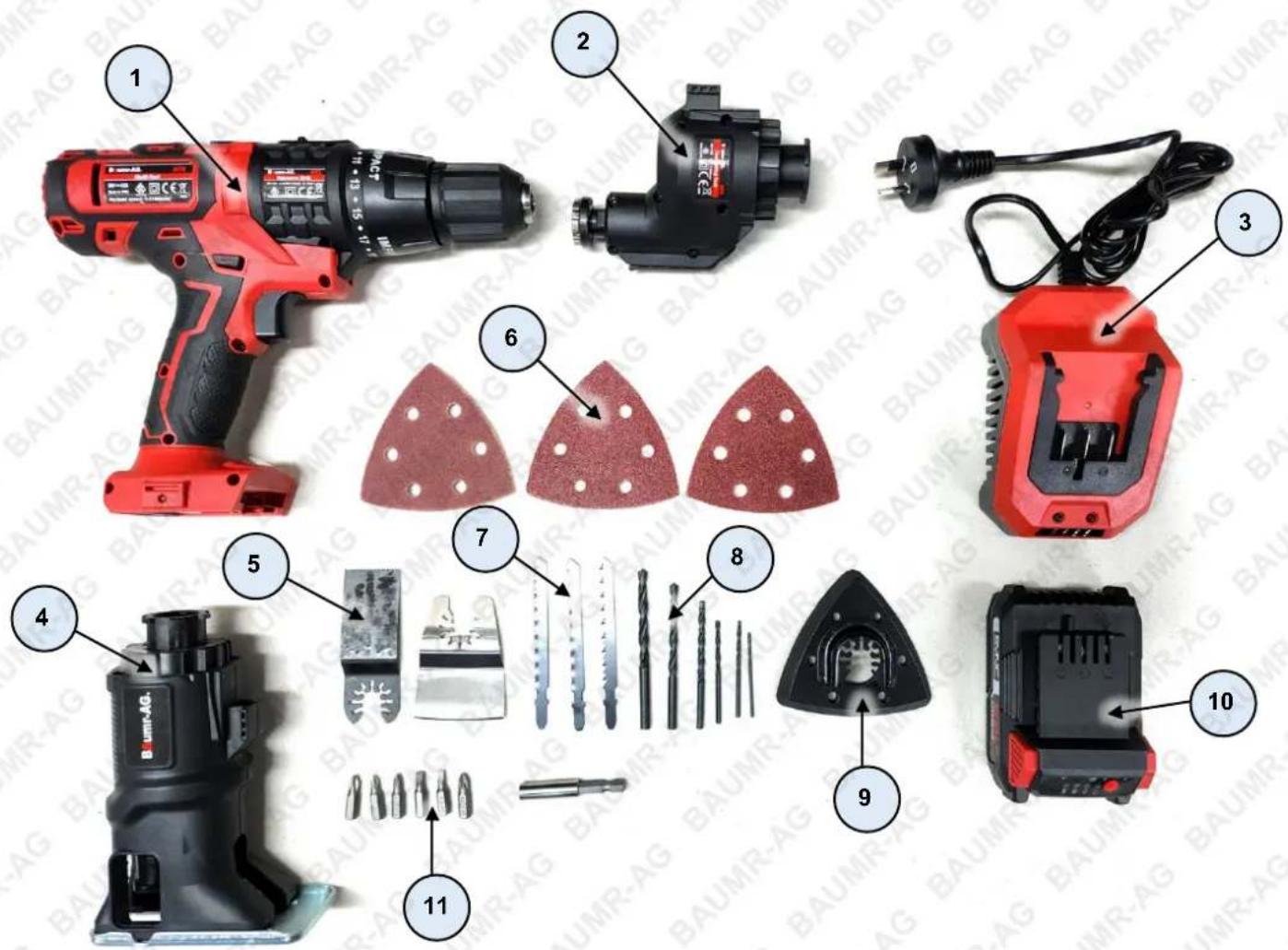 Exploded view diagram of a BAUMR-AG power tool assembly with numbered parts for identification.