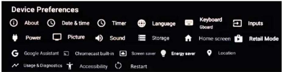 Device Preferences About Date & time Timer Language Keyboard Inputs Power Picture Sound Storage Home screen Retail Mode Google Assistant Chromecast built-in Screen saver Energy saver Location Usage & Diagnostics Accessibility Restart