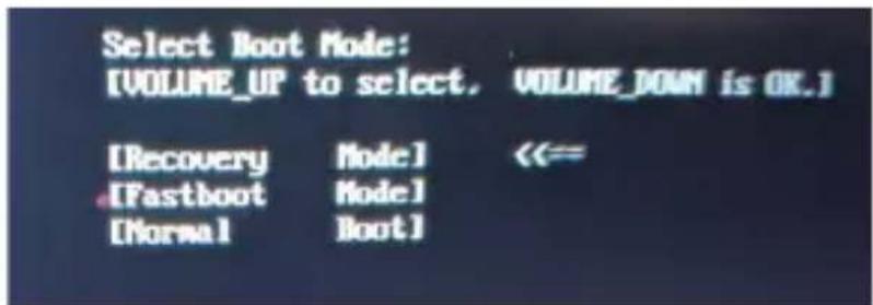 Select Boot Mode: [VOLUME_UP to select, VOLUME_DOWN is OK.] [Recovery Mode] << [Fastboot Mode] [Normal Boot]